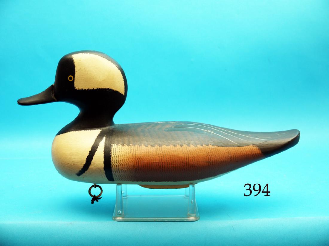 HOODED MERGANSER DRAKE by Brian Bodt, Havre de Grace,: HOODED MERGANSER DRAKE by Brian Bodt, Havre de Grace, MD. Very good original paint and lightly used condition. Small area of flaking at mid-back. Small dent on back. Retains weight, ring and staple. B