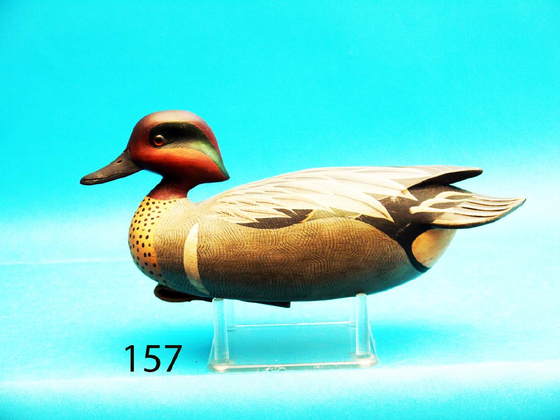 FINE GREEN WING TEAL DRAKE by John “Jack” Wood,: FINE GREEN WING TEAL DRAKE by John “Jack” Wood, Trenton, NJ. Excellent original paint and condition. Fine painted feather detail and comb feathering. Raised wing tips and fluted tail. Head turned 
