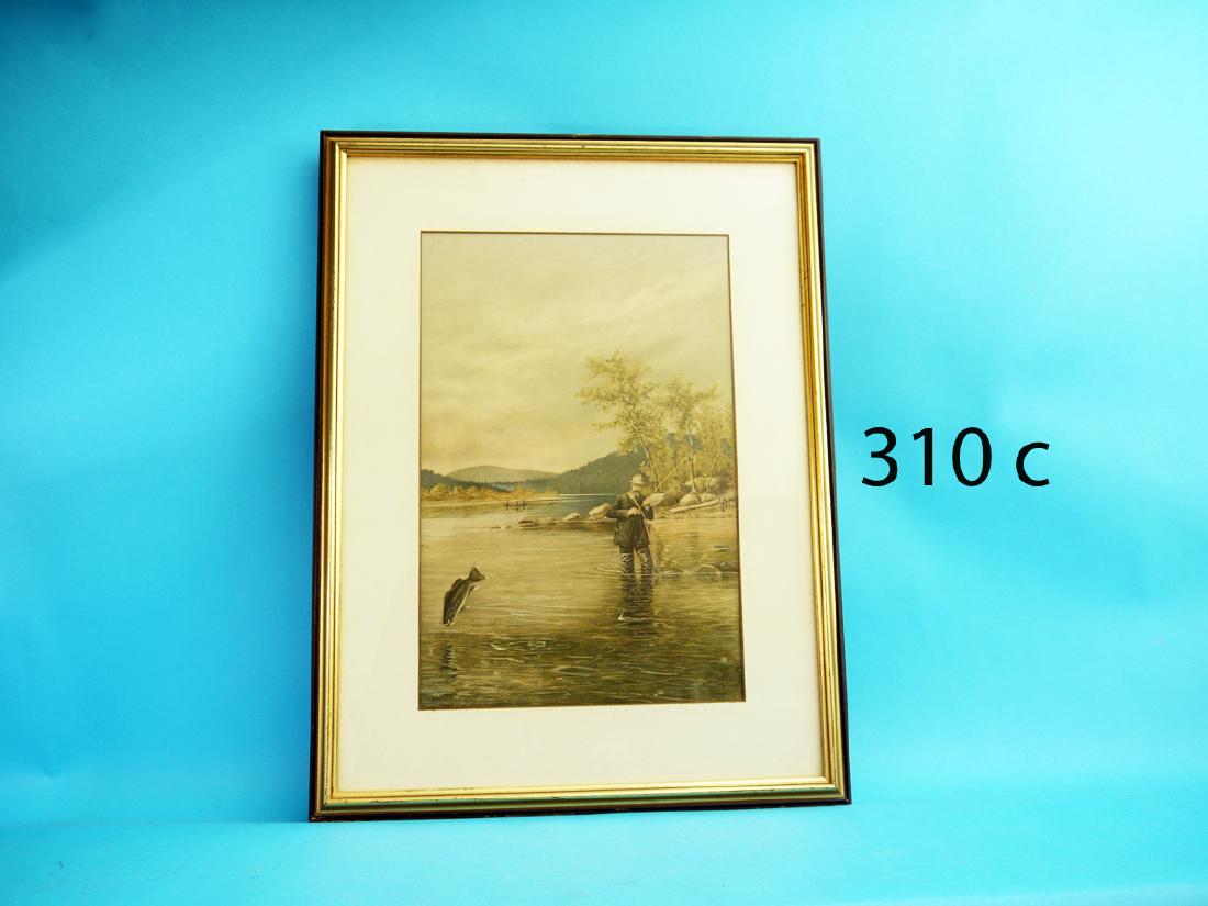 FINE LITHOGRAPH of an angler fighting a small mouth (1 of 1)