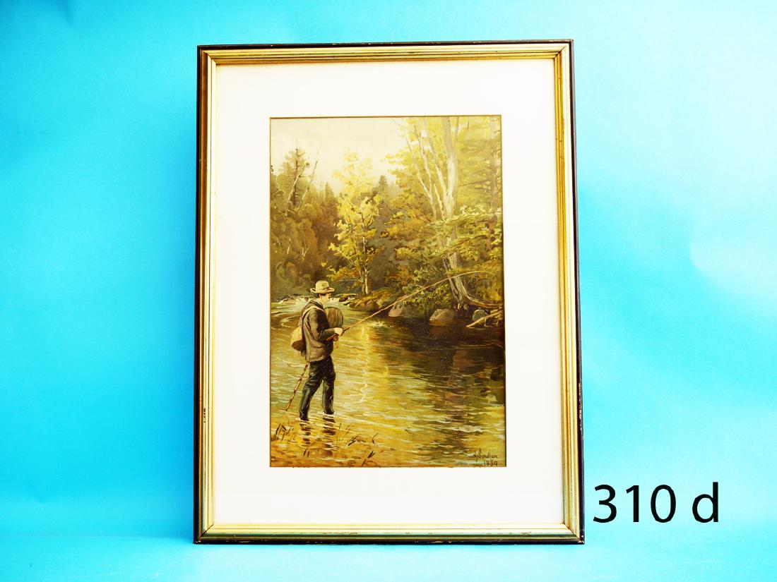 VERY EARLY LITHOGRAPH by H. Sandham. Depicts an angler: VERY EARLY LITHOGRAPH by H. Sandham. Depicts an angler fighting a trout with stream and woods in background. Framed and sold by John Nighland, an art dealer in Montclair, NJ. Very good condition with 