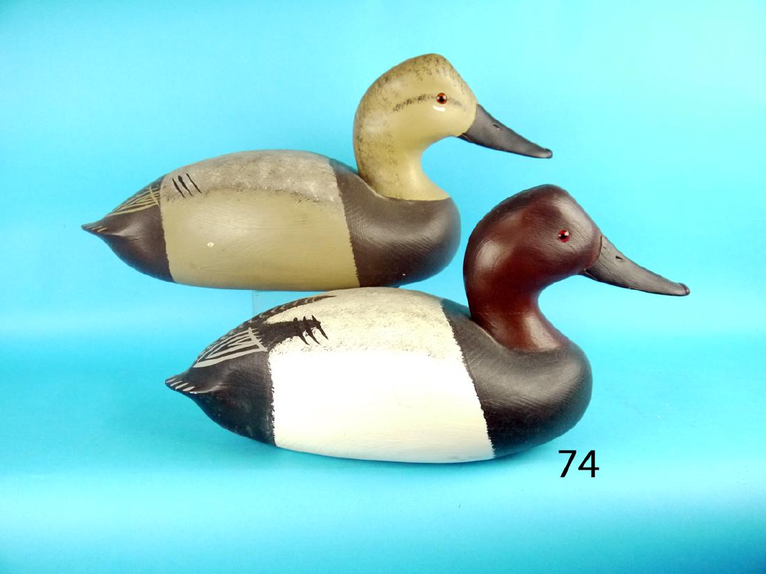 PAIR OF CANVASBACKS by Charles Birdsall, Pt. Pleasant,: PAIR OF CANVASBACKS by Charles Birdsall, Pt. Pleasant, NJ. Very good original paint and structural condition. Very minor paint chip to side. Hollow construction. Branded CRB. A rare pair of canvasback