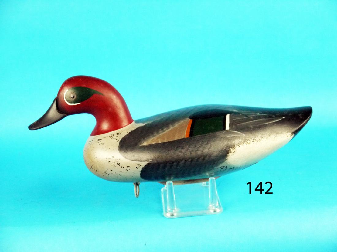 GREEN WING TEAL DRAKE by Jim Pierce & Son, Havre de: GREEN WING TEAL DRAKE by Jim Pierce & Son, Havre de Grace, MD. Excellent original paint and condition. Carved in a swimming position. Retains keel weight, rigging and copper tag. Branded JP and signed