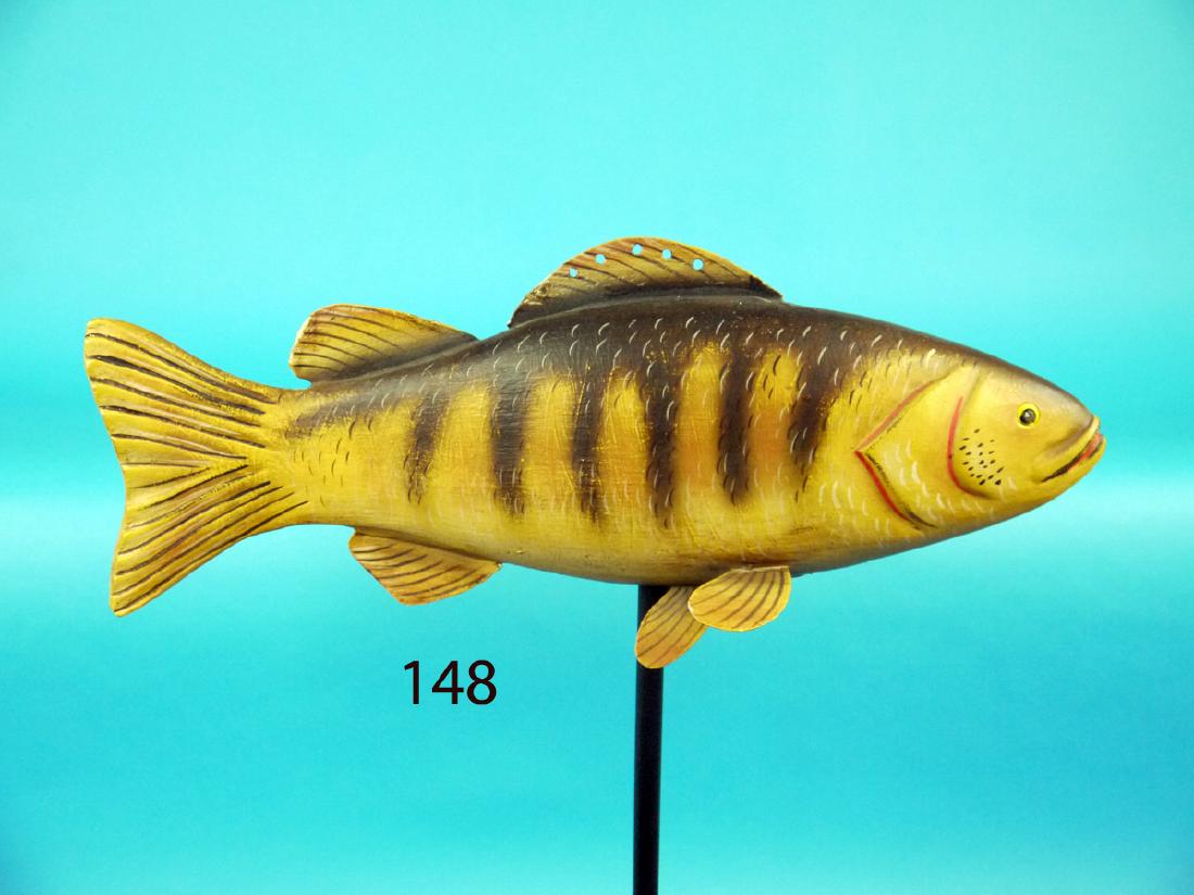 YELLOW PERCH CARVING, "Bud" Jennings: YELLOW PERCH CARVING by Forrest "Bud" Jennings, Shamong, NJ. Excellent original paint and condition. Carved gills and fluted tail. Metal fins and pierced dorsal fin. Overall length is approximately 16