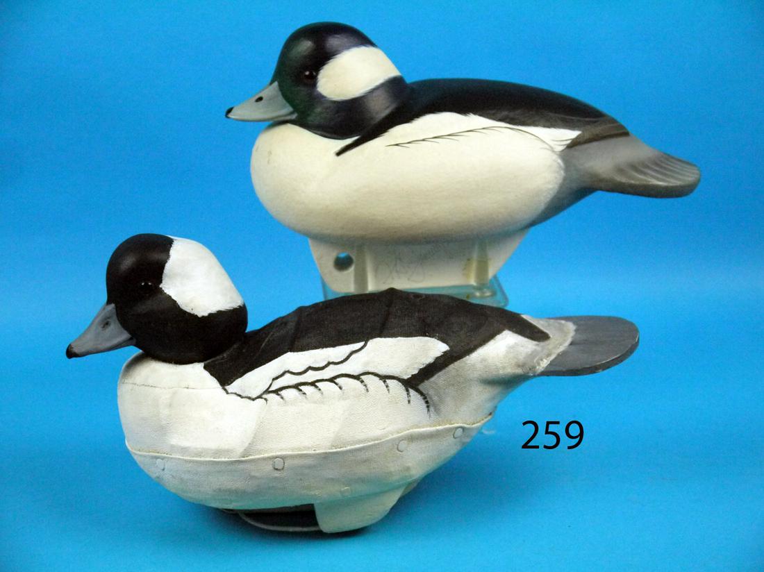 TWO BUFFLEHEAD DRAKES: BUFFLEHEAD DRAKE by Forrest "Bud" Jennings, Shamong, NJ. Very good original paint and unused condition. Hard cork construction. Snug head and carved wing tips. Deep gunning keel. Signed and branded. T