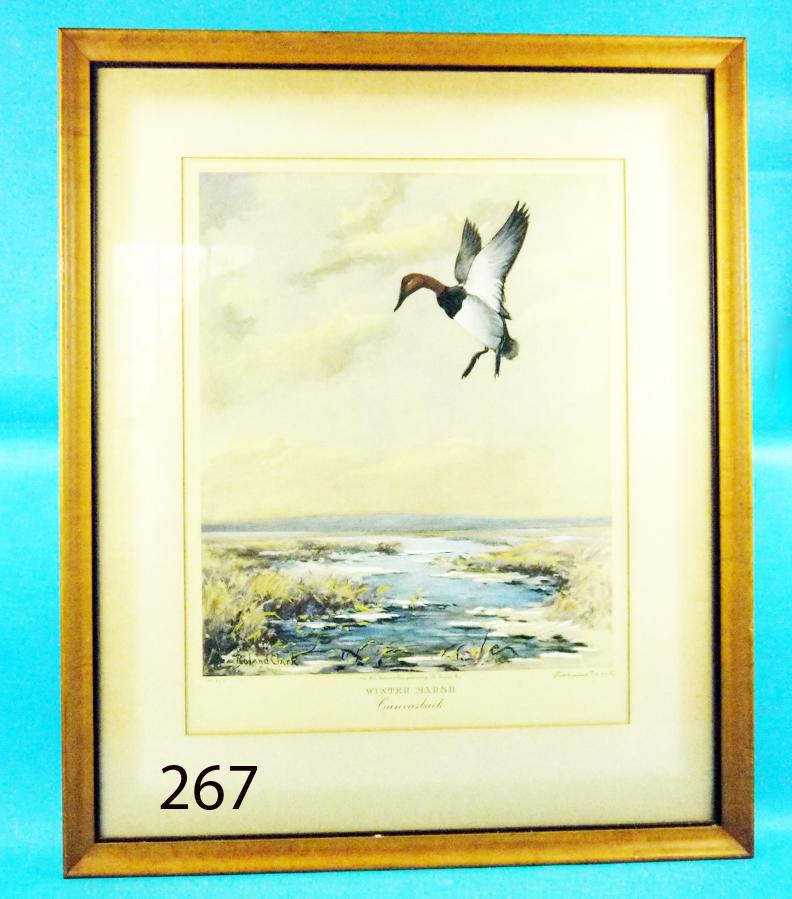"WINTER MARSH", ROLAND CLARK: "WINTER MARSH" by Roland Clark, Very fine strong impression in excellent condition. Hand-colored aqua-tint by Derrydale Press, 1939. Signed lower right. Image size approximately 13 1/2 inches by 16 3/