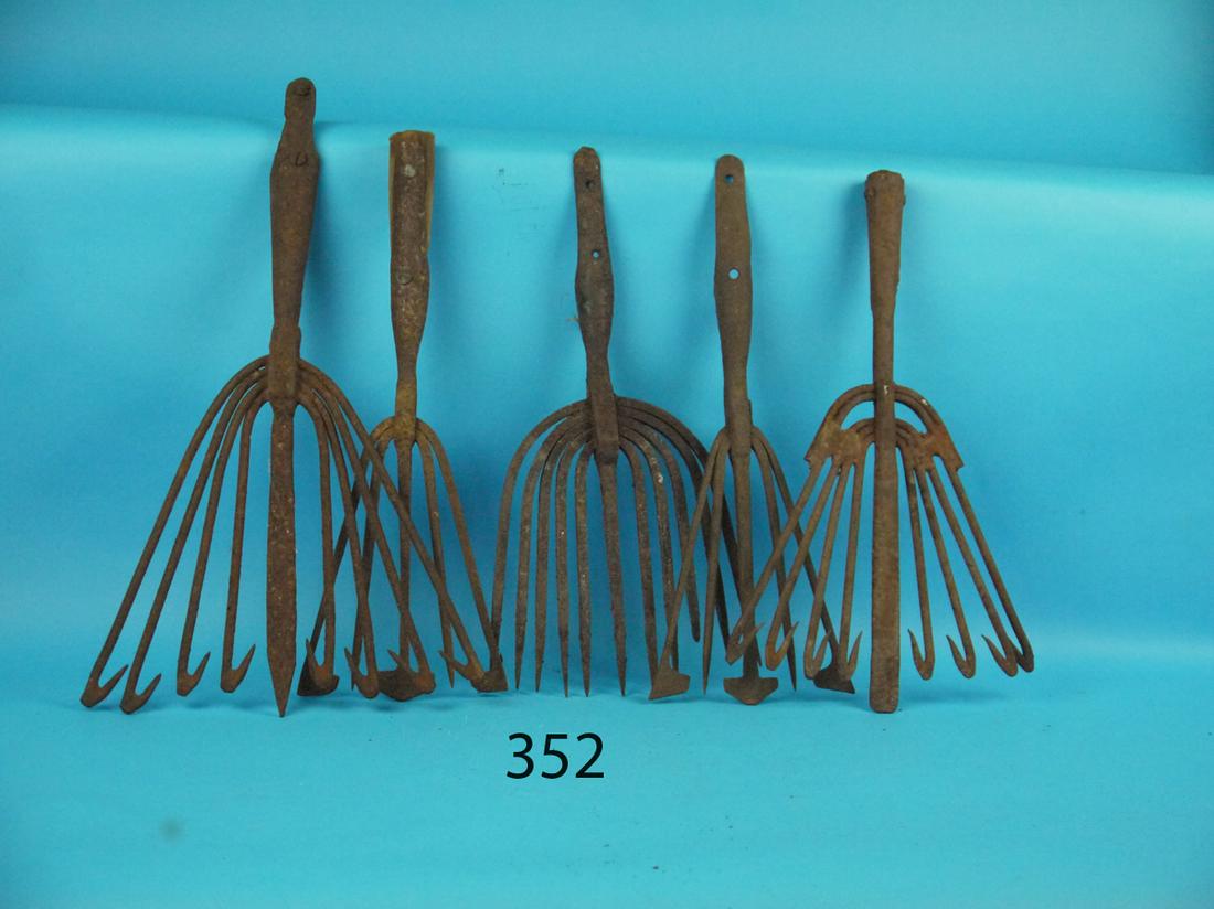 EEL GIGS, CLAM RAKE, ANDIRONS, 8 PIECES (1 of 1)