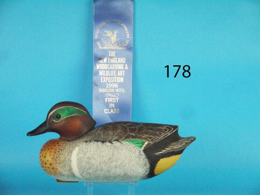 GREEN WING TEAL, D. MORIN: FINE GREEN WING TEAL DRAKE by Daniel W. Morin. Excellent original paint and condition. Competition grade carving with detailed feather work overall. First in Class Competition of the New England Wood 