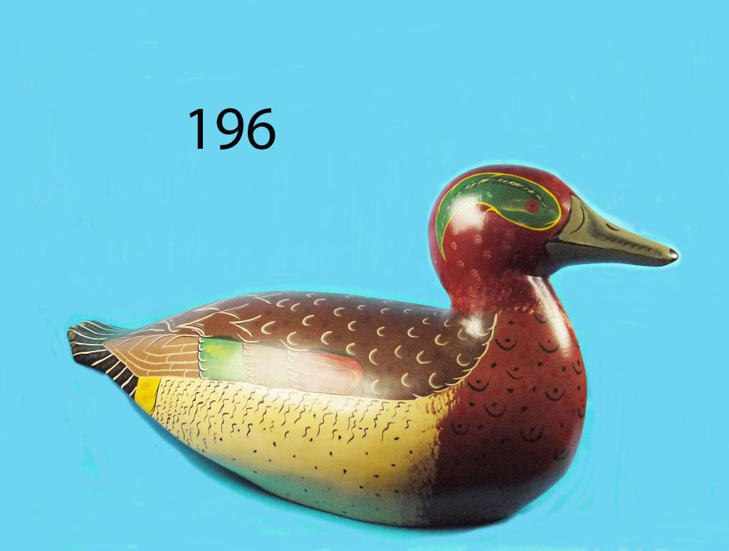 OVERSIZED GREEN WING TEAL DRAKE: OVERSIZED GREEN WING TEAL DRAKE. Excellent original paint and condition. Hollow construction. One-of-a-kind carving, possibly used as a window display prop. Overall length approximately 42 inches. 300