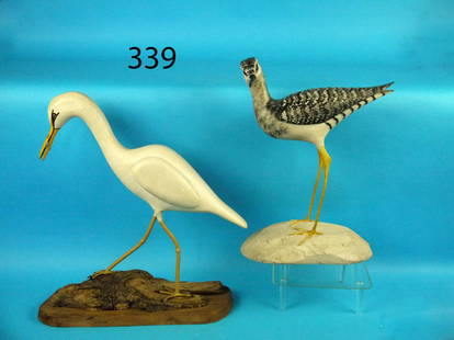 TWO DECORATIVE SHOREBIRDS: TWO DECORATIVE SHOREBIRDS. The first is a YELLOWLEG by Michael McCarthy, Mattapoisett, MA. Signed and dated 7/06. The second is a WHITE HERON by H.E. Meachen, Stratford, CT. Both in very good original