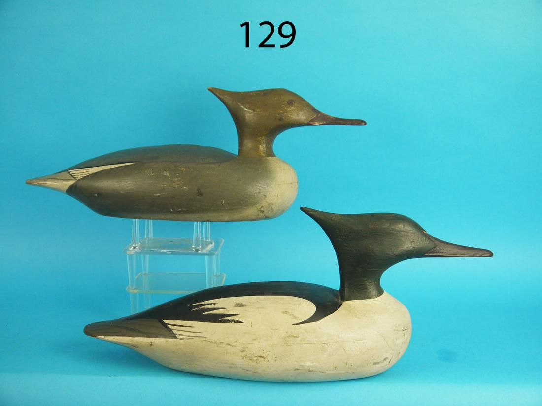 MERGANSER PAIR, J.J. WEST: PAIR OF MERGANSERS by J.J. West, Bordentown, NJ. Very good original paint showing some minor in-use wear. Very good structural condition. Hollow construction. Racey models similar in style to Sam Arch