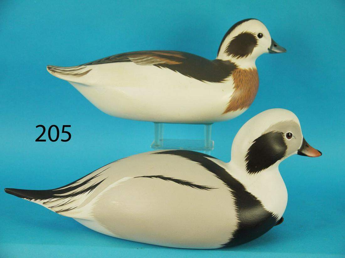 OLD SQUAW PAIR, D. JESSEN: PAIR OF OLD SQUAWS by Dick Jessen, Manahawkin, NJ. Excellent original paint and condition. Hollow construction. Fine feather paint to backs of both. Both carved in a swimming position. Detailed bill c
