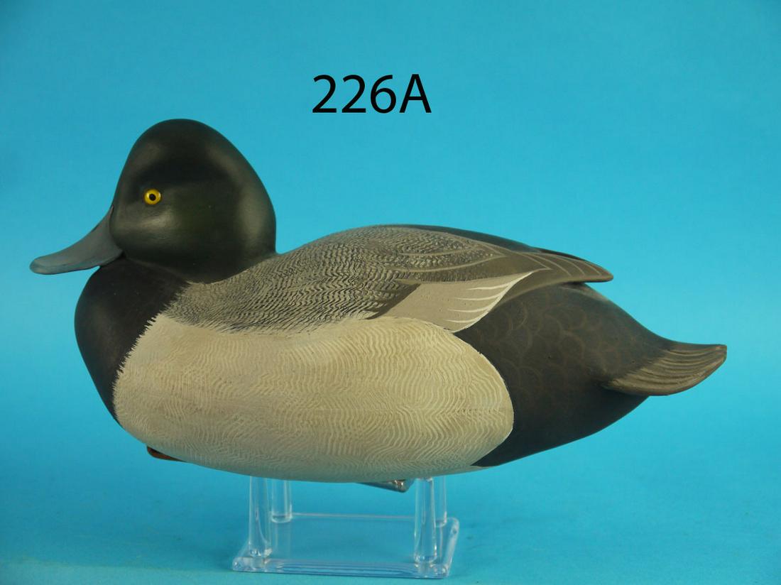 GREATER SCAUP, J. WOOD: FINE GREATER SCAUP by John Wood, Trenton, NJ. Excellent original paint and condition. Hollow construction. Raised carved wing tips and fluted tails. Head carved in a restful position with bill on brea