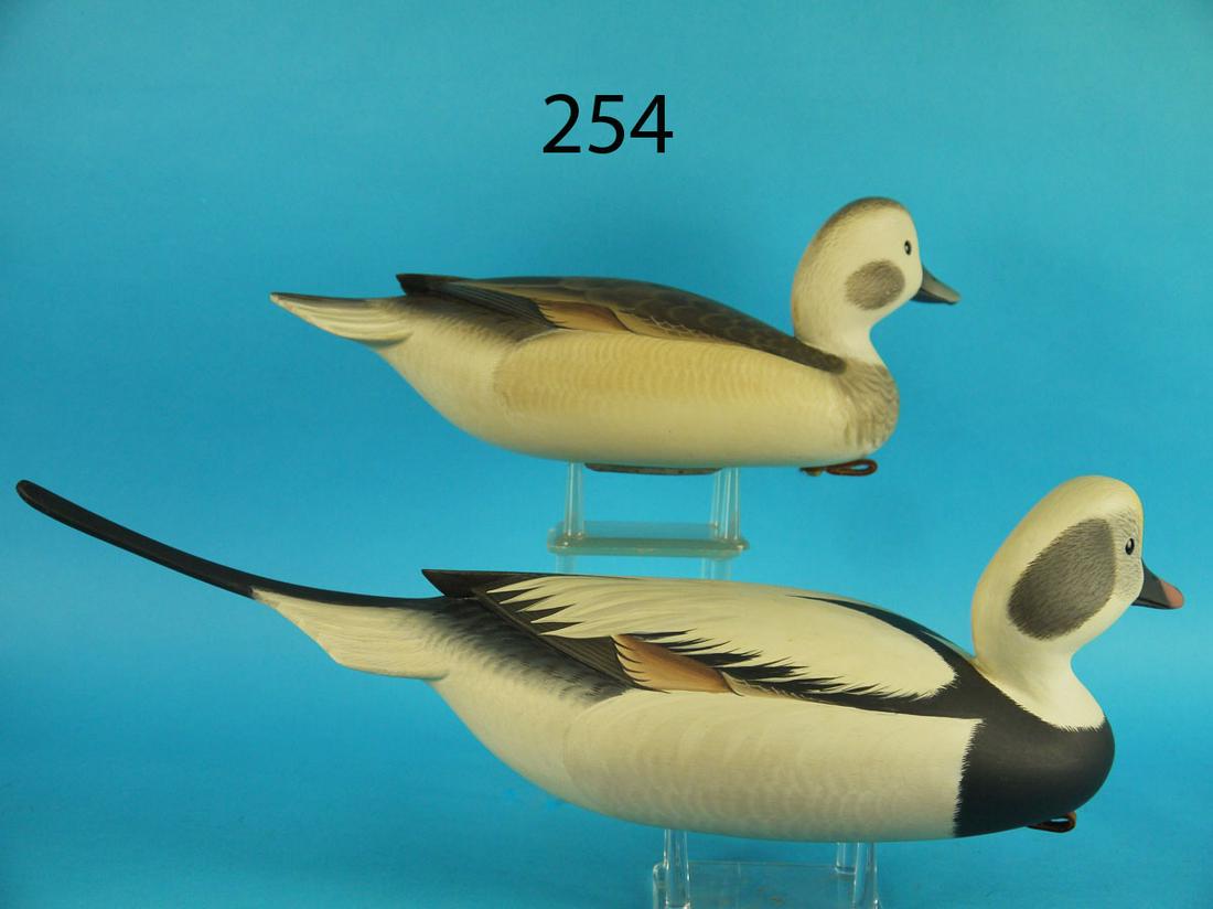 OLD SQUAW PAIR, G. STRUNK: RARE PAIR OF OLD SQUAWS by George Strunk, Glendora, NJ. Outstanding original paint and structural condition. Both heads turned slightly left. Hollow construction. Raised carved wing tips. Hen with flu