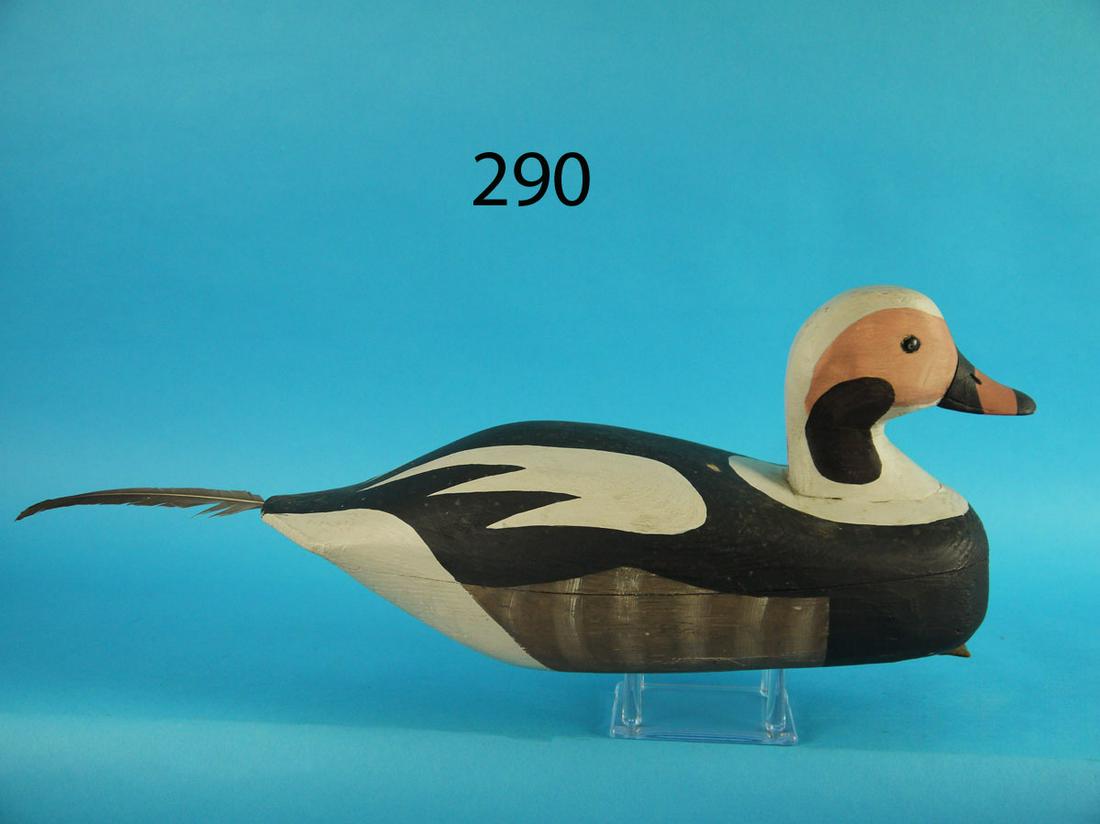 OLD SQUAW DRAKE, R. CORLISS: OLD SQUAW attributed to Rube Corliss, Manahawkin, NJ. Very good original paint. Appears to be in unused condition. Hollow construction. Retains nice painted feather pattern to back. Feather inserted i