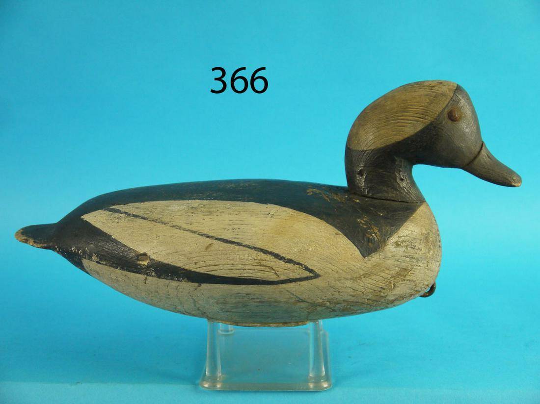 BUFFLEHEAD DRAKE, CHINCOTEAGUE, VA: BUFFLEHEAD DRAKE, Chincoteague, VA. Restored condition. Head probably replaced. Check the length of bottom. Tight checks to left side. Retains pad weight and rigging. 75-125