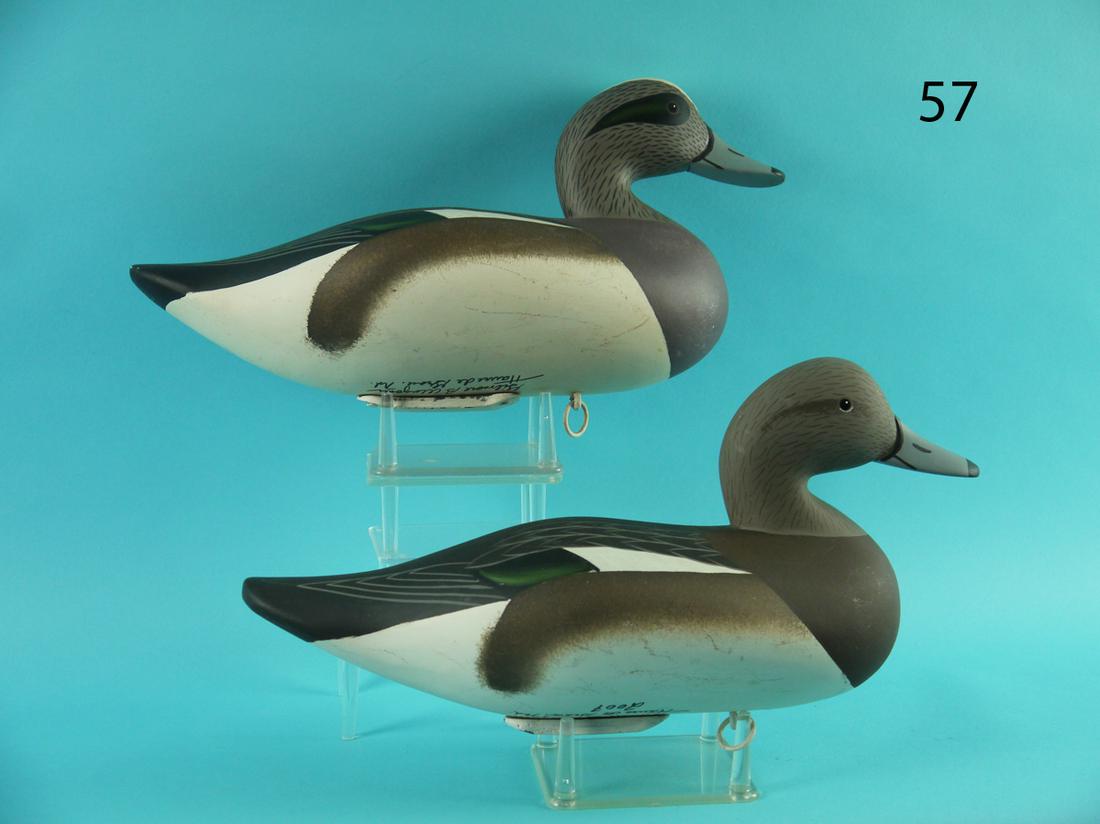 WIDGEON PAIR, G. WAGONER: PAIR OF WIDGEON by Gilbert "Butch" Wagoner, Havre de Grace, MD. Excellent original paint and unused condition. Nice painted feather work to backs and paint ticking to heads. Retain dog bone weights, r