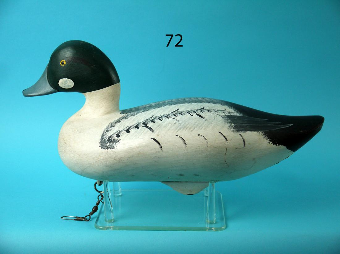 GOLDENEYE DRAKE, J. PIERCE: RARE GOLDENEYE DRAKE by Jimmy Pierce, Havre de Grace, MD. Very good original paint showing some minor in-use wear. Fine painted feather detail to back. Retains weight and ring. Stamped "P" on both sid