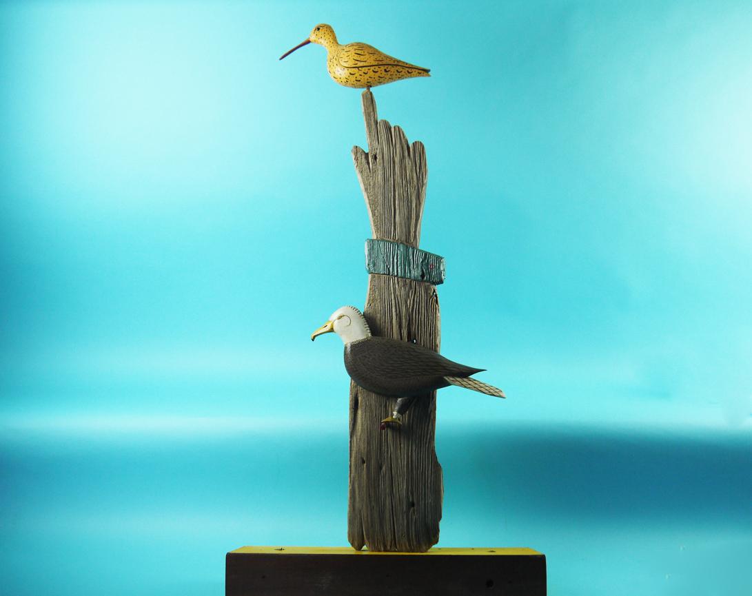 GULL AND SHOREBIRD ON DRIFTWOOD HAND (1 of 1)