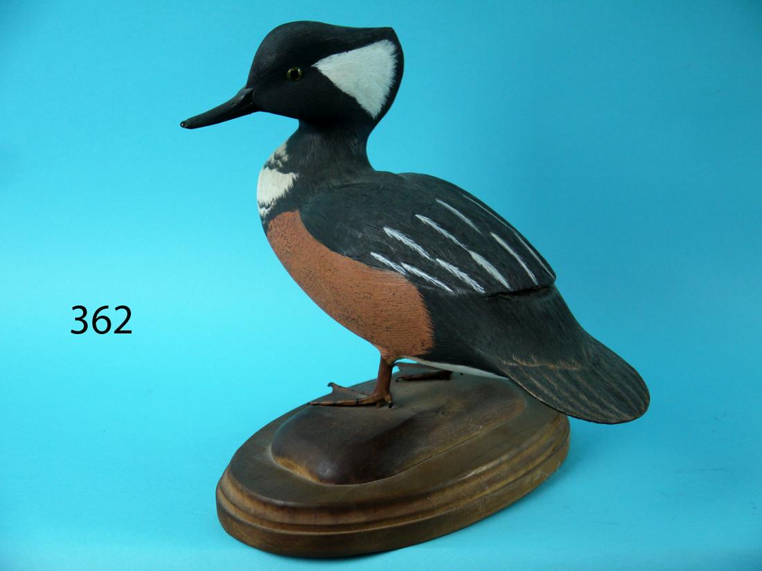 DECORATIVE STANDING HOODED MERGANSER: DECORATIVE STANDING HOODED MERGANSER. Excellent original paint and condition. Relief-carved wings and raised wing tips. Very broad fluted tail. Detailed feather carving overall. Mounted on realistic l