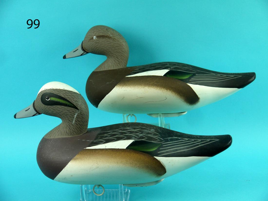 WIDGEON PAIR, G.B. WAGONER: PAIR OF WIDGEON by Gilmore "Butch" Wagoner, Havre de Grace, MD. Very good original paint and unused condition. Both with detailed painted feather work to backs and tails. Both retain dog bone weights,
