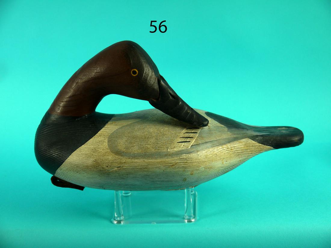 CANVASBACK DRAKE, V. BRYANT: CANVASBACK DRAKE by Vernon Bryant, Perryville, MD. Very good original distressed paint. Very good structural condition. Carved in a preening position. Retains keel weight. Branded BRYANT. 50-75