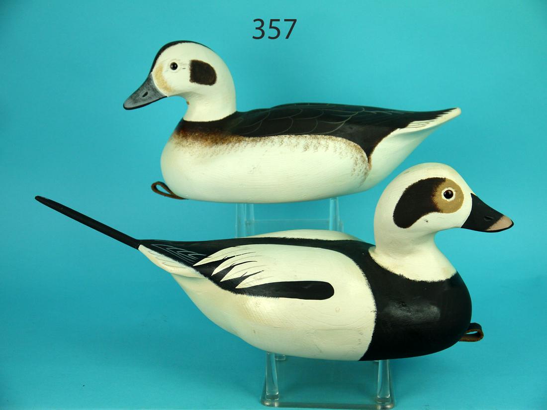 OLD SQUAW PAIR, A. BIRDSALL: PAIR OF OLD SQUAWS by Art Birdsall, Pt. Pleasant, NJ. Very good original paint and condition. Hollow construction. Both with relief-carved wings. Drake with carved sprig tail. Drake with some minor sa