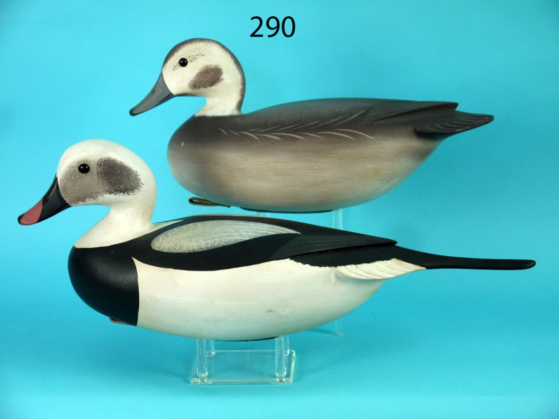 OLD SQUAW PAIR, G. STRUNK: RARE PAIR OF OLD SQUAWS by George Strunk, Glendora, NJ. Excellent original paint and condition. Hollow construction. Both with raised carved wing tips and broad fluted tails. The drake with elongated