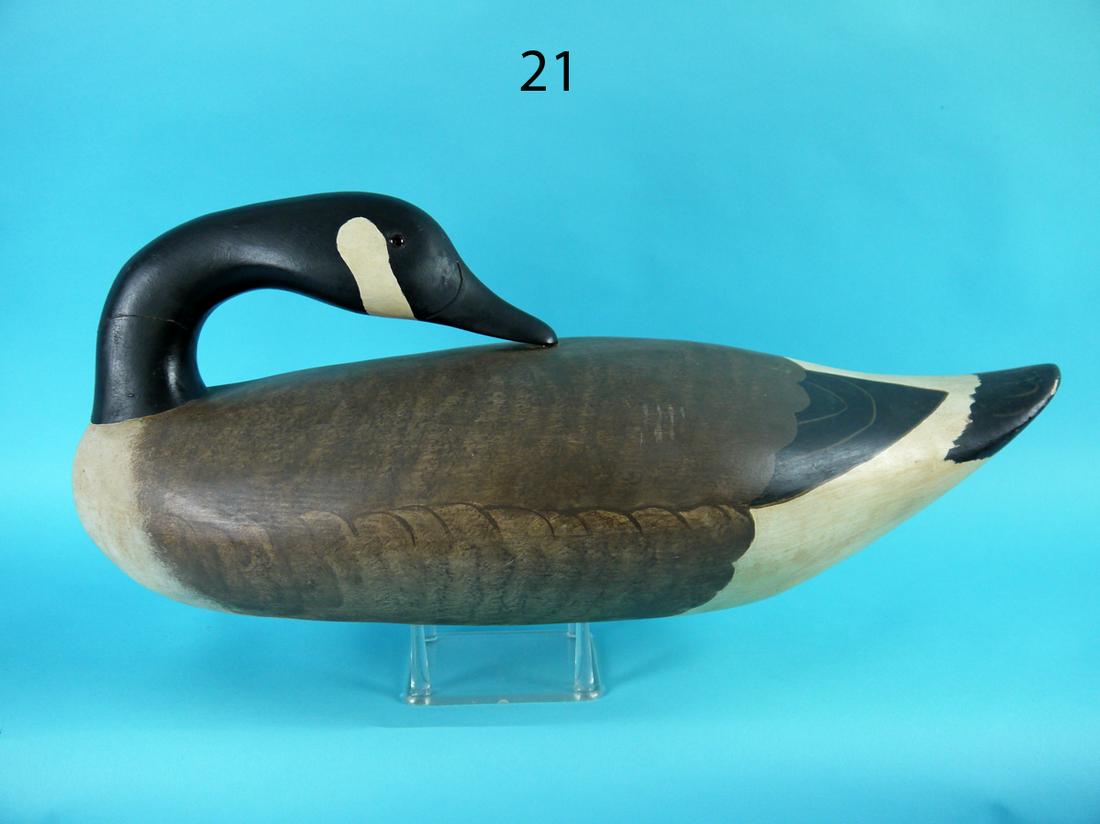 PREENING CANADA GOOSE, WILDFOWLER: RARE PREENING CANADA GOOSE by the Wildfowler Decoy Company, Pt. Pleasant, NJ. Madison Mitchell model in excellent original paint and unused condition. Solid construction. Bar paint feathers across bac