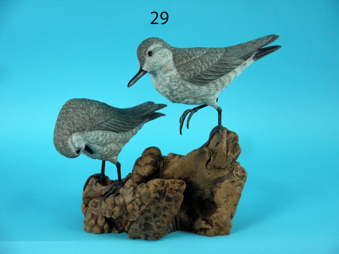 TWO SANDERLINGS, C. BECKER: TWO DECORATIVE SANDERLINGS by Carl Becker, Fair Haven, NJ. Excellent original paint and structural condition. Both with very detailed carved feather work overall. One is carved in a preening position.