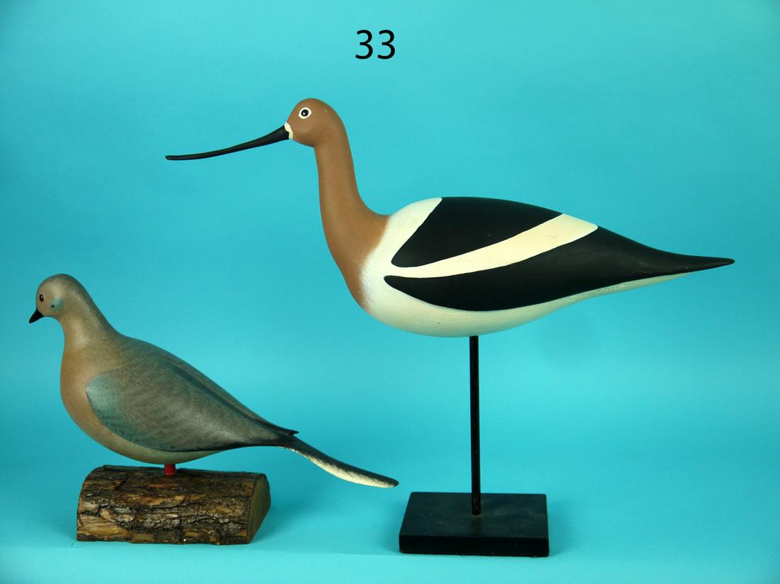 AVOCET/MOURNING DOVE, C. ORTLEY: MOURNING DOVE by Chet Ortley. Very good original paint and condition. Fine painted feather detail and relief-carved wings. Raised wing tips and elongated tail. Full carved body. Mounted atop a custom