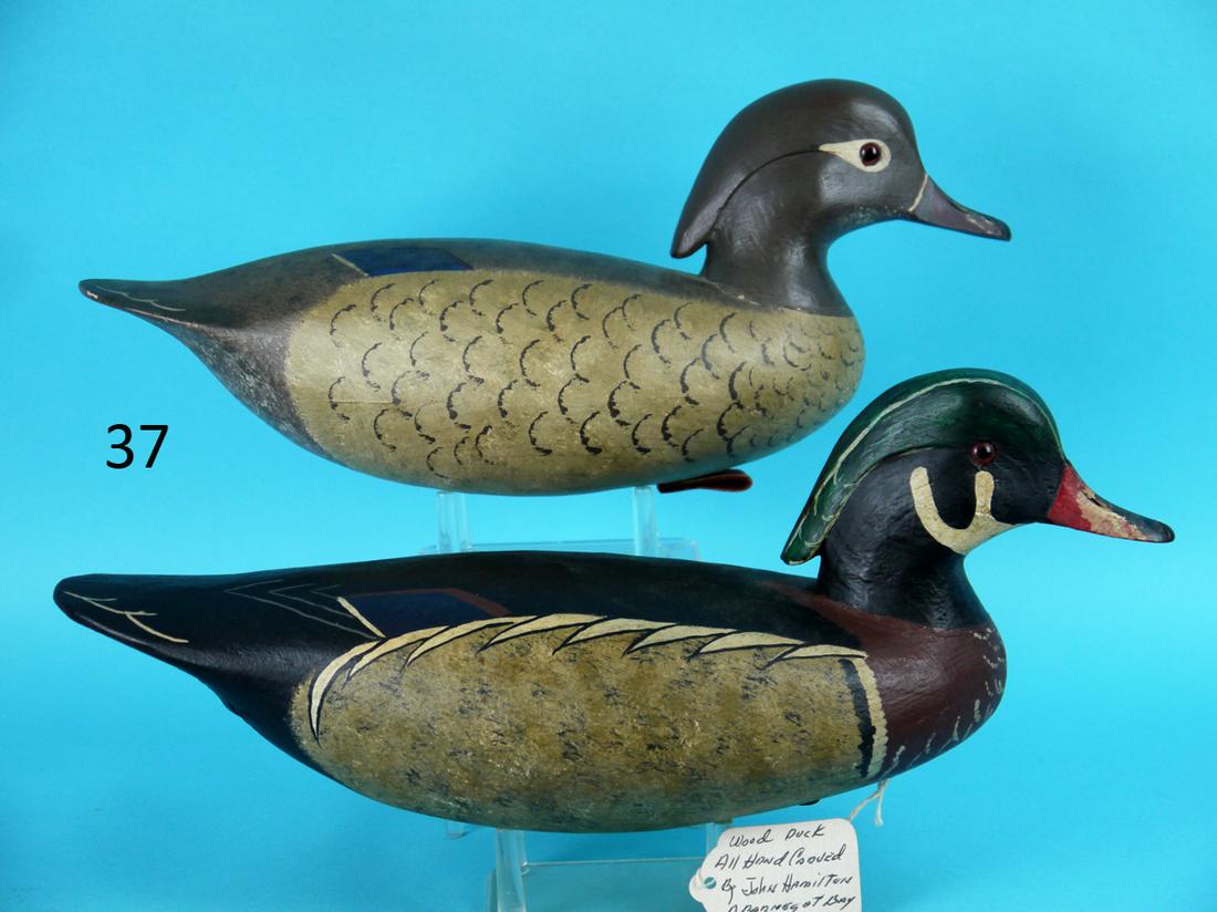 WOOD DUCK DRAKE/HEN, J. HAMILTON: TWO WOOD DUCKS, a drake and a hen, by John Hamilton, Cedar Run, NJ. Excellent original paint and unused condition. Hollow construction. Painted feather work to sides of both. Subtle painted feather wo