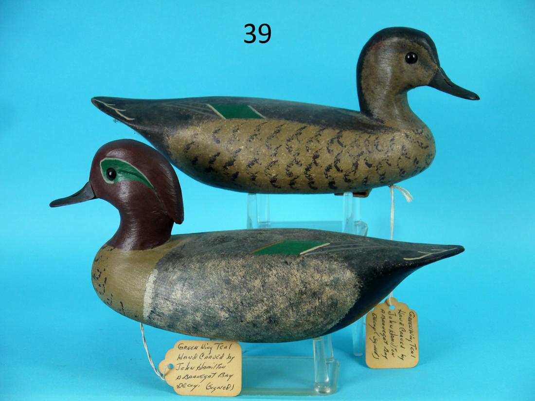 GREEN WING TEAL PAIR, J. HAMILTON: FINE PAIR OF GREEN WING TEAL by John Hamilton, Cedar Run, NJ. Excellent original paint and structural condition. Hollow construction. Detailed stipple paint to backs and heads. Feather detail to breas
