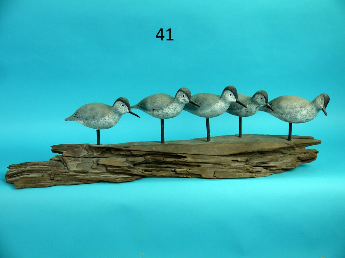 FIVE SANDERLINGS ON BASE, J. HAMILTON: GROUP OF FIVE SANDERLINGS by John Hamilton, Cedar Run, NJ. All in excellent original paint and condition. All retain original bills and carved painted eyes. Stipple painted feather work to head and ba