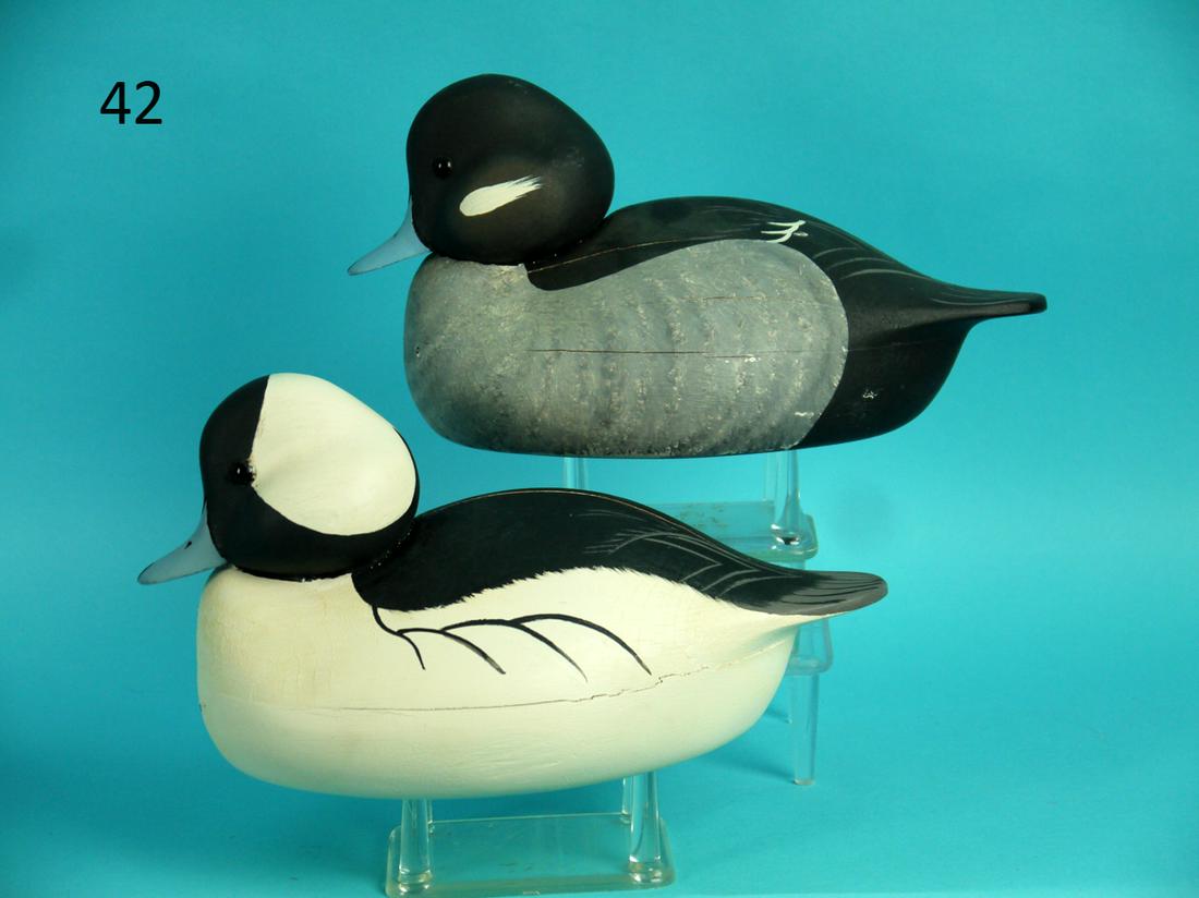 BUFFLEHEAD PAIR, C. ALLSOPP: PAIR OF BUFFLEHEADS by Capt. Chip Allsopp, Bay Head, NJ. Very good original paint and fair structural condition. Checks to both backs and minor seam separations. Drake with some sap bleed to body. Hol