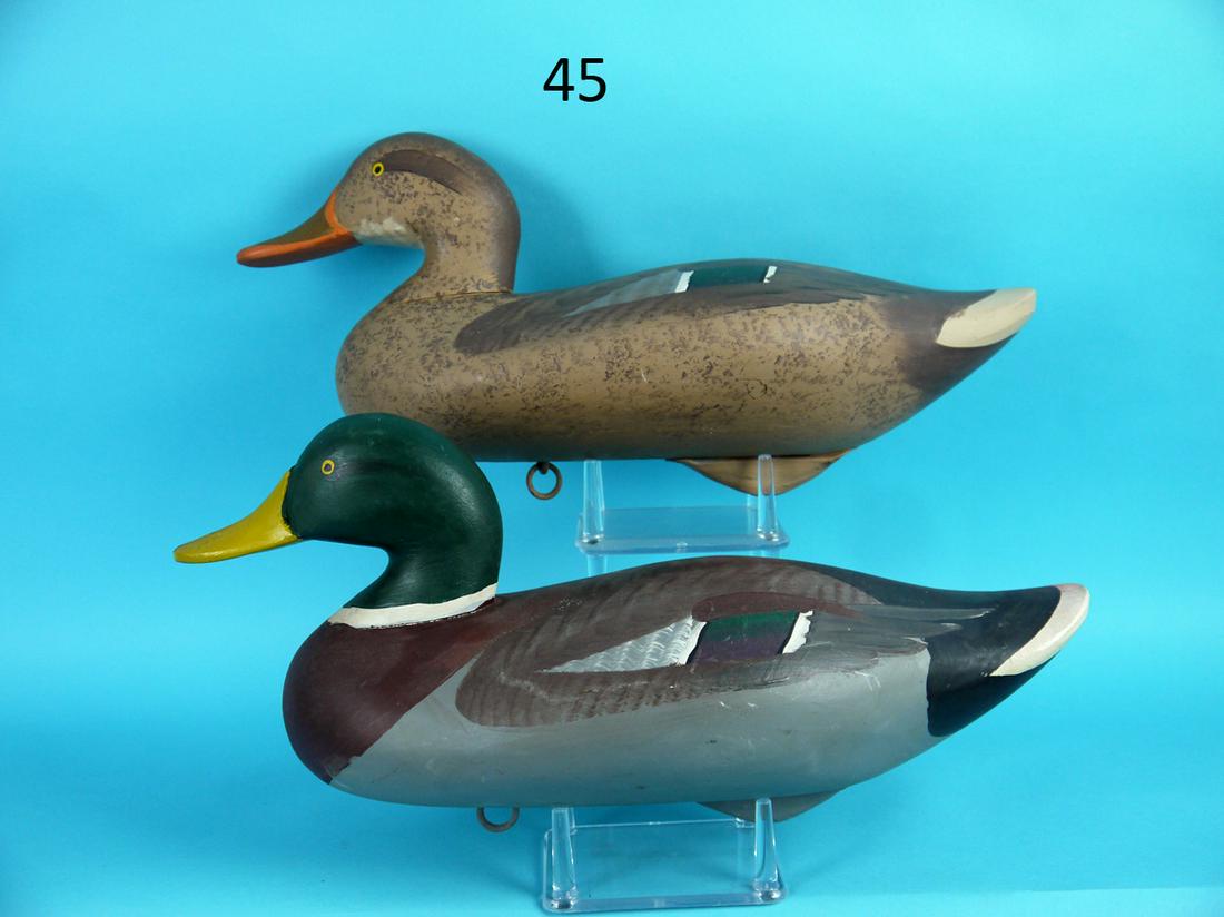 MALLARD PAIR, R.M. MITCHELL: VERY FINE PAIR OF MALLARDS by R. Madison Mitchell, Havre de Grace, MD. Excellent original paint and structural condition. Appear to be unused. Hen with a very tight check to underside. Both with fine 