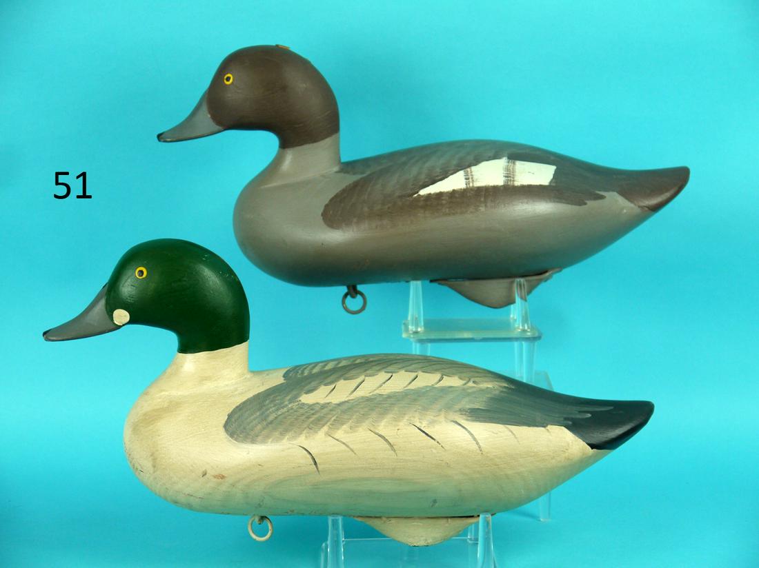 GOLDENEYE PAIR, R.M. MITCHELL: EXTREMELY RARE PAIR OF GOLDENEYES by R. Madison Mitchell, Havre de Grace, MD. Excellent original paint and unused condition. Filler to top of hen's head slightly raised. Typical tight mid-neck check o