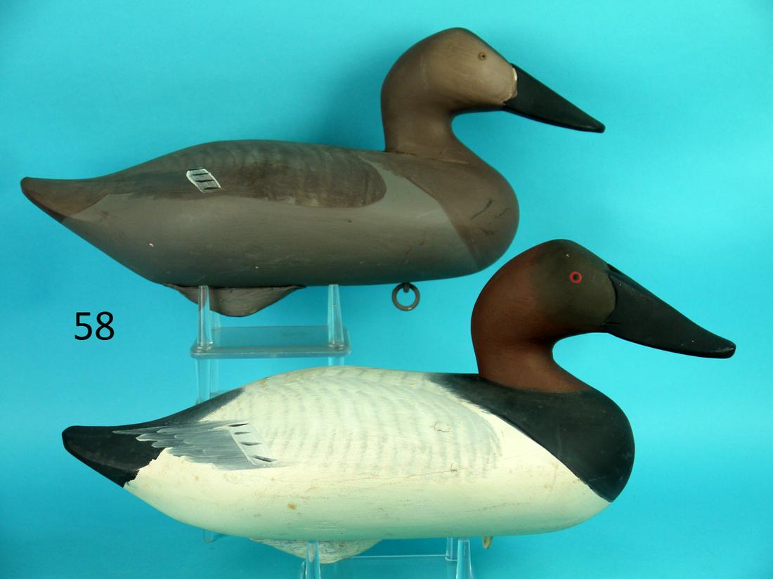 CANVASBACK PAIR, R.M. MITCHELL: RARE PAIR OF CANVASBACKS by R. Madison Mitchell, Havre de Grace, MD. Excellent original paint and structural condition. Appear to be in unused condition. Both with very fine painted feather work. Subt