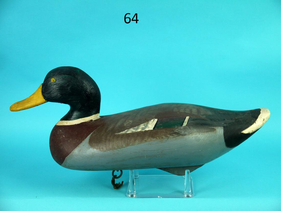 MALLARD DRAKE, UPPER BAY, MD: EARLY MALLARD DRAKE, Upper Bay, MD. Good original paint and structural condition. Painted feather detail to back. Retains keel weight, and rigging. TH carved in bottom. 100-200