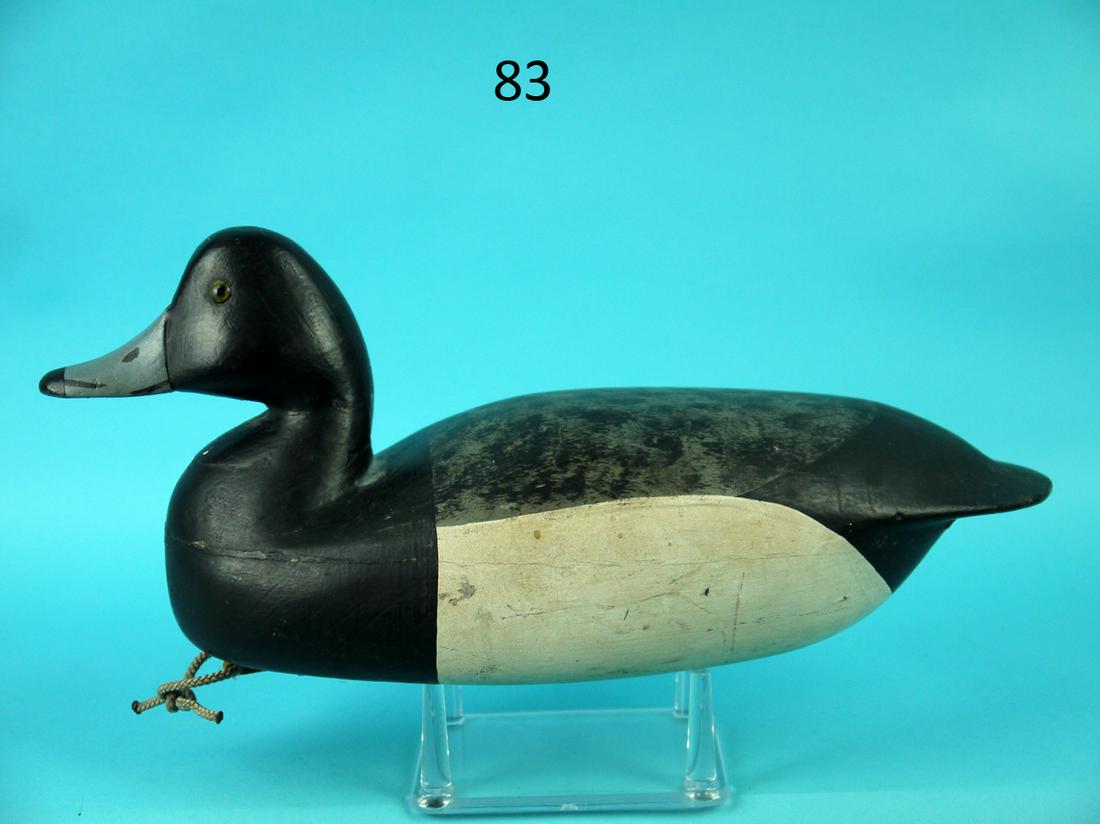 BLUEBILL DRAKE, L. PARKER: BLUEBILL DRAKE by Lloyd Parker, Parkertown, NJ. Restored paint by John Hillman. Very good structural condition. Hollow construction. Retains glass eyes, pad weight and rigging. Overall length is appro