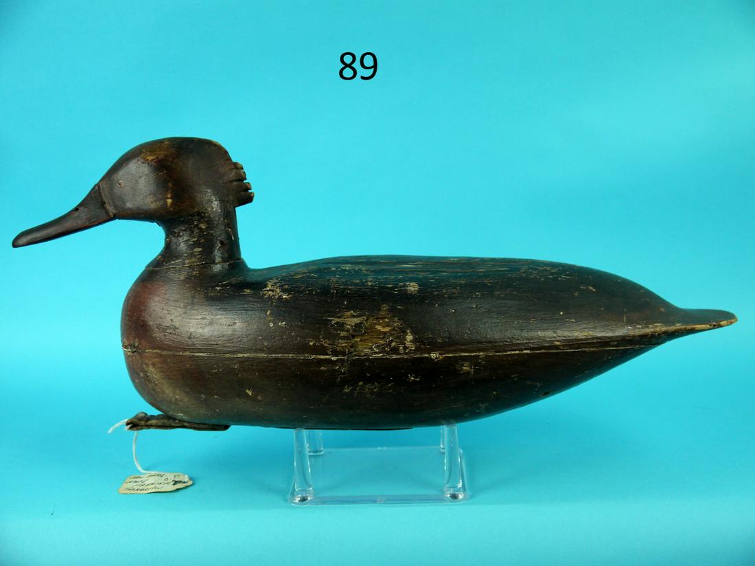 RED-BREASTED MERGANSER DRAKE, N. FRAZIER: RED-BREASTED MERGANSER DRAKE by Nathan Frazier, Tuckerton, NJ. Weathered paint with areas may be original. Good structural condition. Probable repair to bill. Small chip to one side. Retains pad weigh