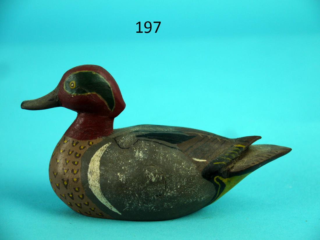 MINIATURE GREEN WING TEAL DRAKE, DELAWARE RIVER: EARLY MINIATURE GREEN WING TEAL DRAKE, possibly Delaware River. Outstanding original paint and structural condition. Very detailed feather painting overall with nice painted feather detail to breast. 