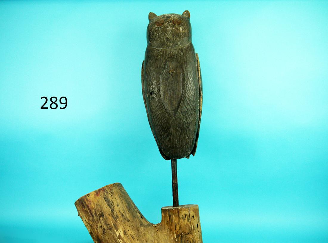 FOLK ART OWL: EARLY FOLK ART OWL in very good original paint and structural condition. Chipped carved model retaining large rusted eyes Mounted atop a custom tree limb base. Overall length from the tip of the ear t