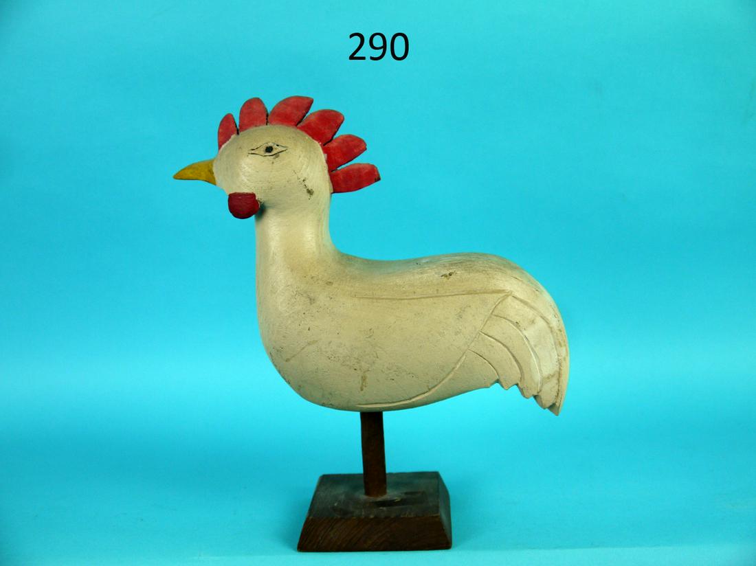 BARNYARD CHICKEN, J. PARKER: EARLY BARNYARD CHICKEN by Jay Parker, Parkertown, NJ, (1881-1967). Very good original paint and structural condition. Carved comb and wattle. Carved diamond-shaped eyes. Carved feather detail to tail.