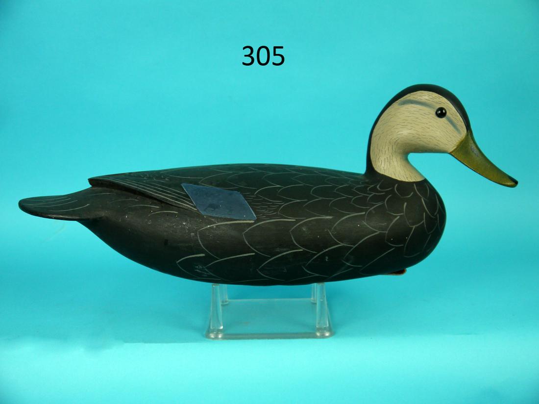BLACK DUCK, G. STRUNK: GUNNING BLACK DUCK by George Strunk, Glendora, NJ. Very good original paint and structural condition. Hollow construction. Painted feather detail overall. Raised carved wing tips. Head with paint tick