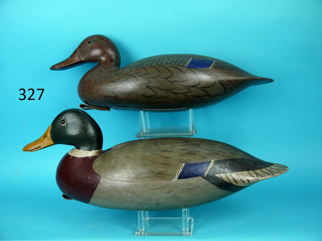 MALLARD PAIR, B. SEABROOK: MALLARD PAIR by Bob Seabrook, Absecon, NJ. Excellent original paint and unused condition. Carved in the style of Rowley Horner. Hollow construction. Both slightly oversized. Ice groove carving to both