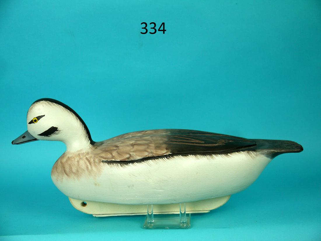 OLD SQUAW HEN, J. VAN BRUNT: OLD SQUAW HEN by J. Van Brunt. Excellent original paint and unused condition. Hollow construction. Swimming model with raised carved wing tips and fluted tail. Painted feather detail to back. Retains