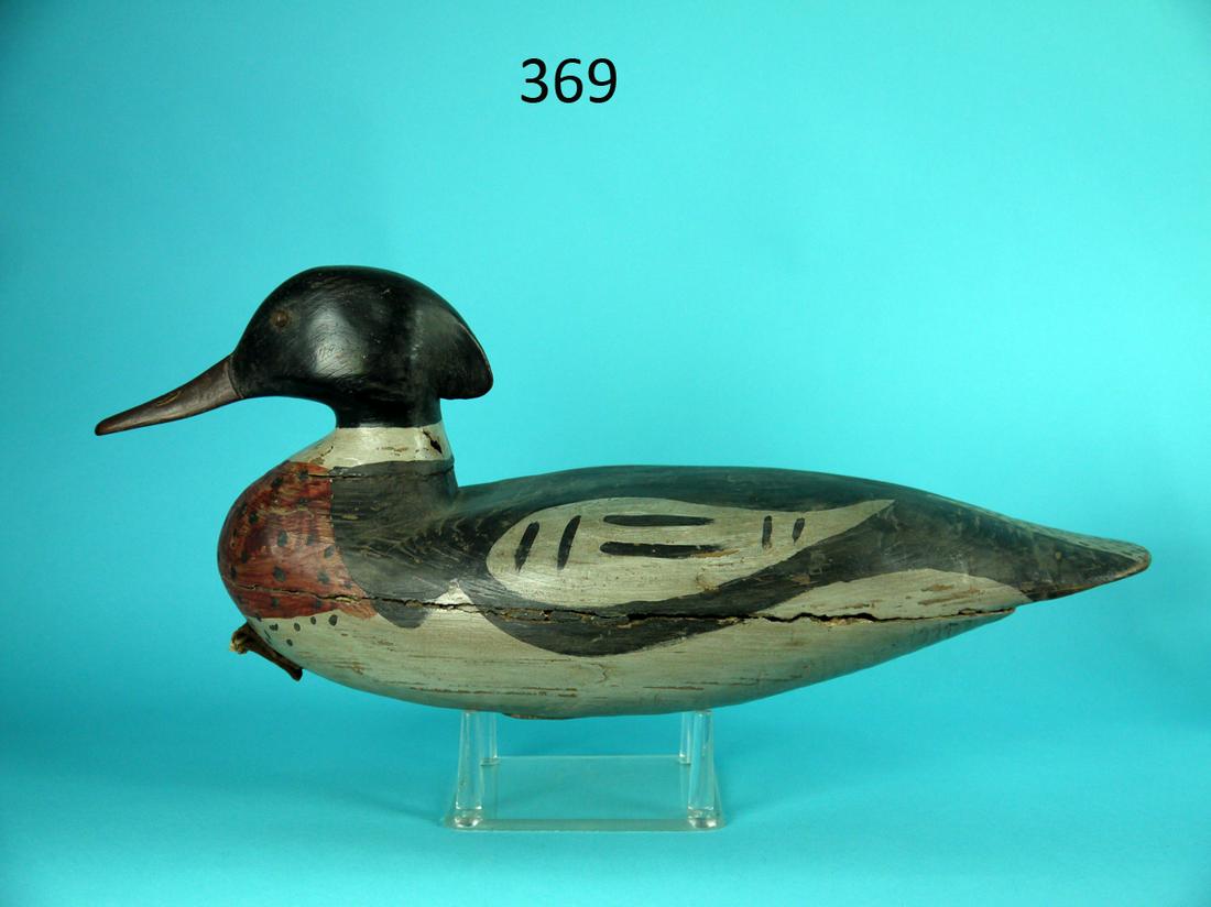 RED-BREASTED MERGANSER DRAKE, I. SWAIN: RED-BREASTED MERGANSER DRAKE by Ike Swain, Cape May, NJ. Old working paint and good structural condition. Retains tack eyes. Tight side-seam separation around body. Tight check to underside of breast.