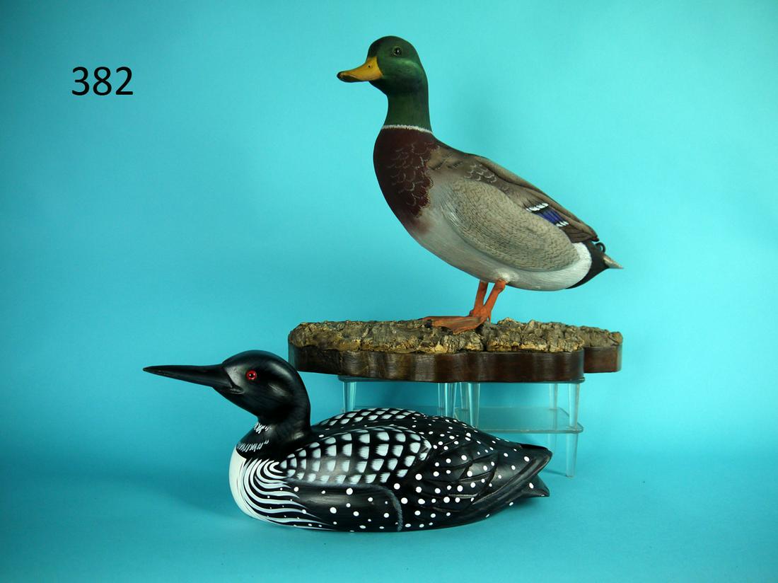 STANDING MALLARD, BUCK WALTER, 1/3 SIZE LOON: STANDING MALLARD DRAKE by Harold Buckwalter. Three-quarter size carving in excellent original paint and condition. Very detailed carving overall. Relief-carved wings and numerous raised carved wing ti
