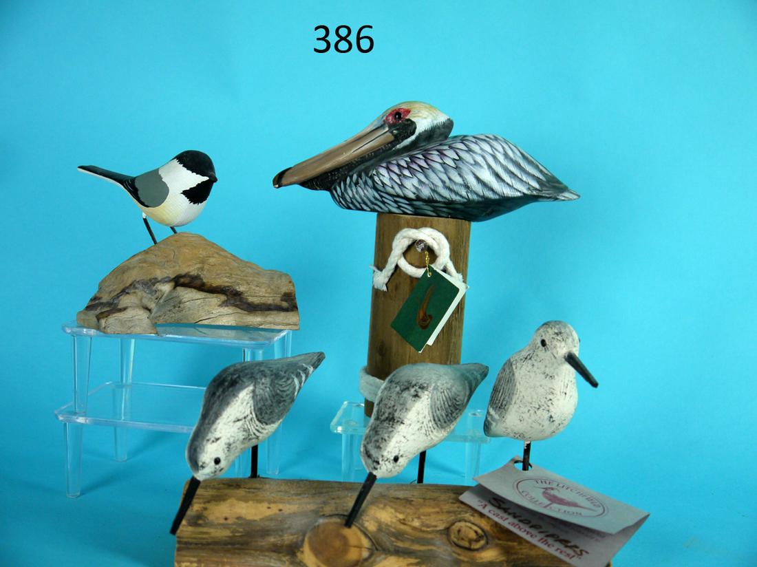 THREE SANDERLINGS, MINIATURE PELICAN, BLACK CAPED CHICKADEE: THREE SANDERLINGS, Litchfield Collection, mounted on a custom base. All in very good original paint and structural condition. Together with a BLACK CAPED CHICKADEE by Whitten and a MINIATURE PELICAN, 