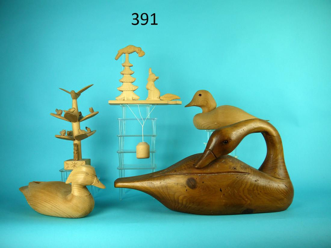GROUP OF MISCELLANEOUS UNPAINTED WOOD ITEMS: DECORATIVE CANADA GOOSE in very good structural condition, varnished. Together with a PAIR OF DECOY BLANKS by Harry Shourds. One stamped with maker's name. Also two folk art TOYS in very good conditio
